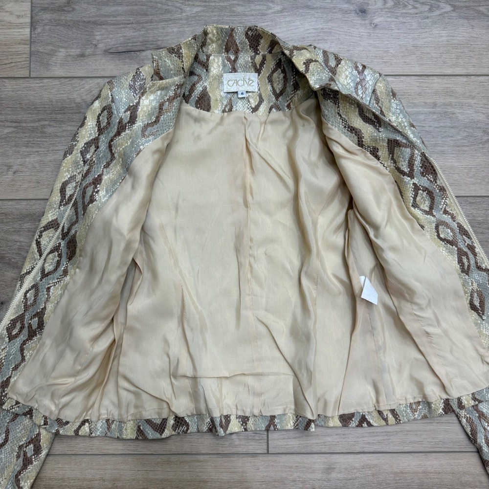 Vintage Cache Y2K Snakeskin Python Print Zip Front Jacket Brown Tan Fitted 6 - Picture 7 of 12